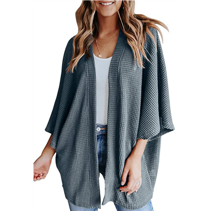 Damen Waffelstrick Offener Kimono-Cardigan mit Fledermausärmeln Echo Archiv