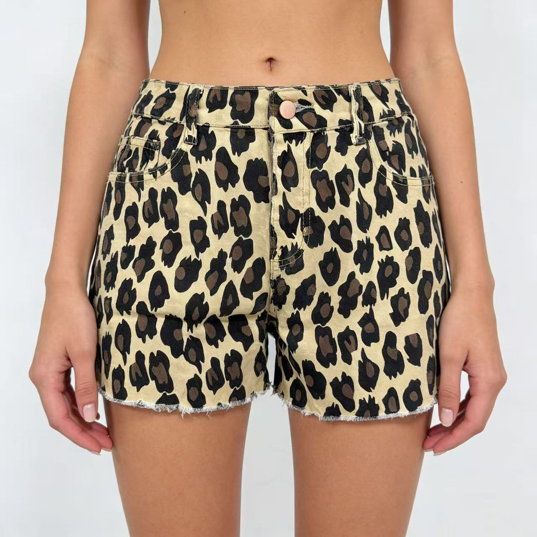 Damen lässige Leo-Shorts mit fransigem Saum und hohen Taschen Echo Archiv