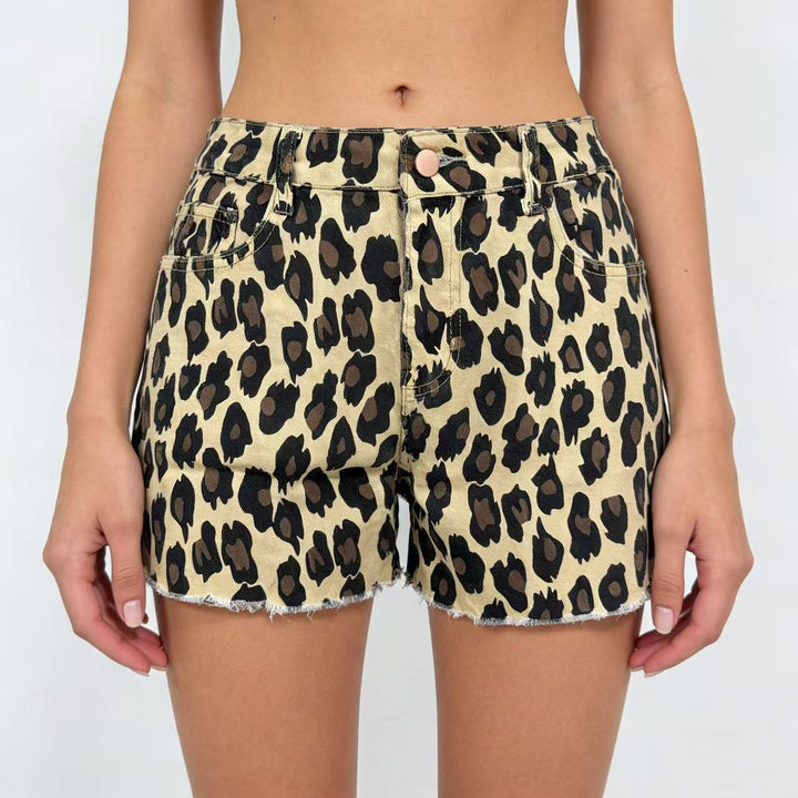 Damen lässige Leo-Shorts mit fransigem Saum und hohen Taschen Echo Archiv