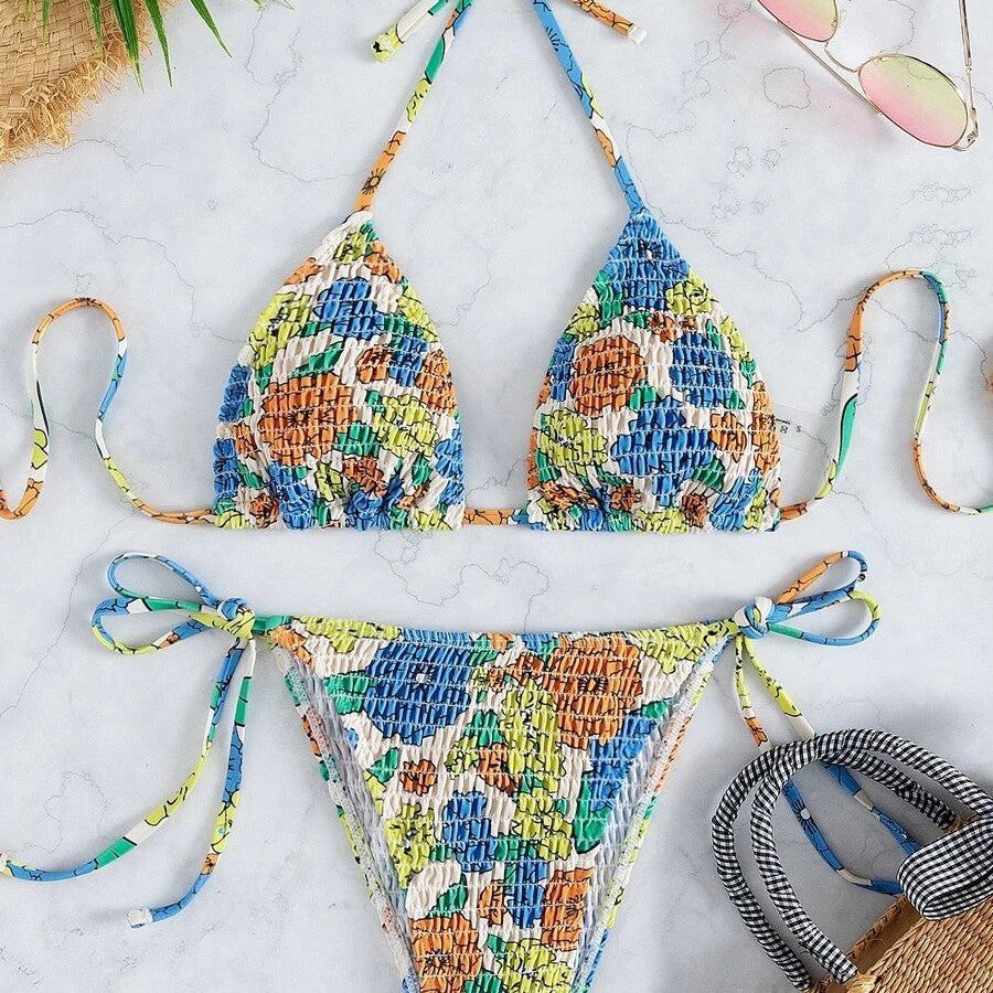 Damen Triangel-Bikini mit buntem Floral-Muster und elastischen Bindebändern Echo Archiv