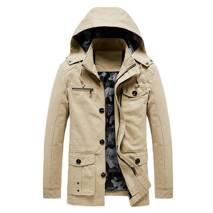 Herren mittellange Canvas-Fieldjacke mit Kapuze, Cargo‑Taschen und Camouflage‑Innenfutter Echo Archiv