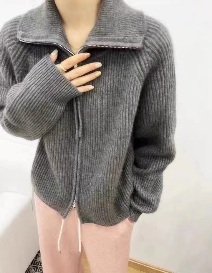 Damen Oversize-Strickjacke mit Reißverschluss, Stehkragen und gerippter Struktur Echoarchiv
