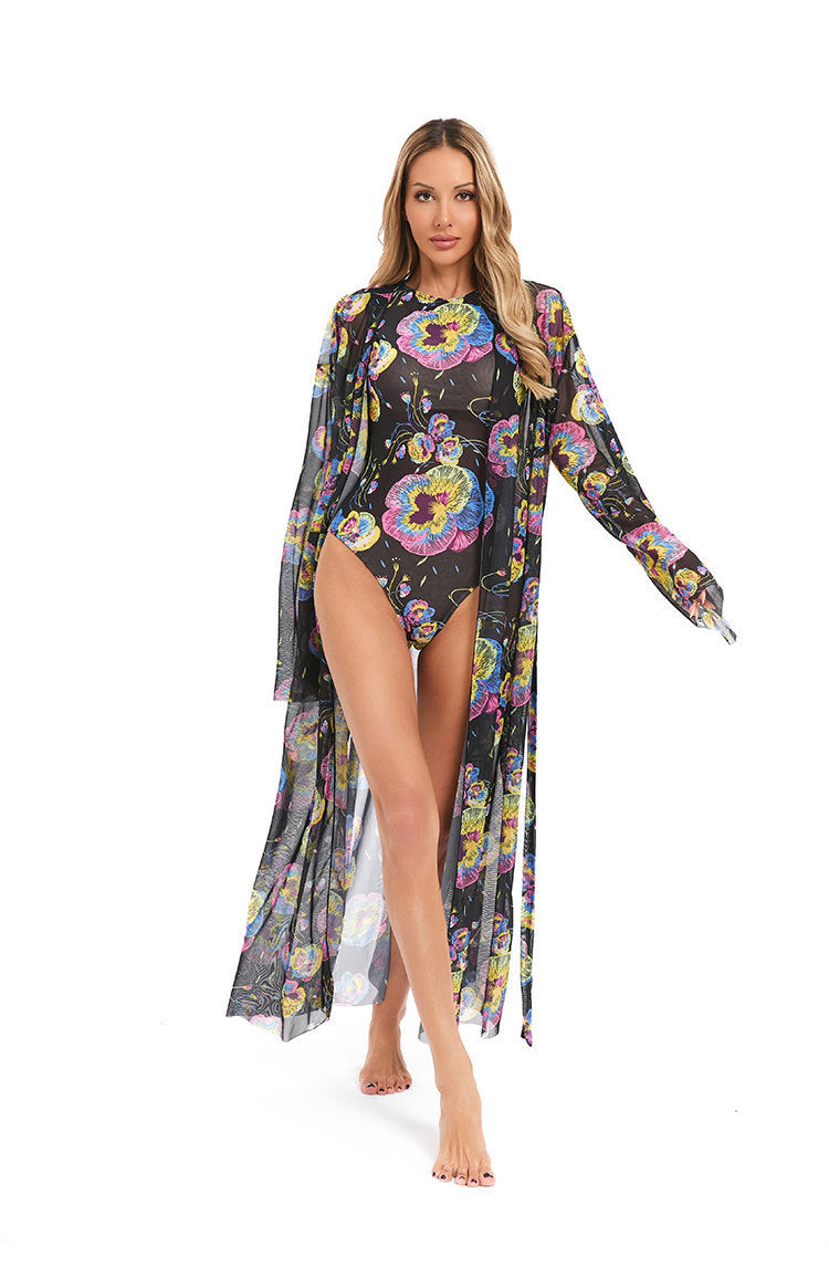 Damen eleganter transparenter Strandkimono mit floralem Design Echo Archiv