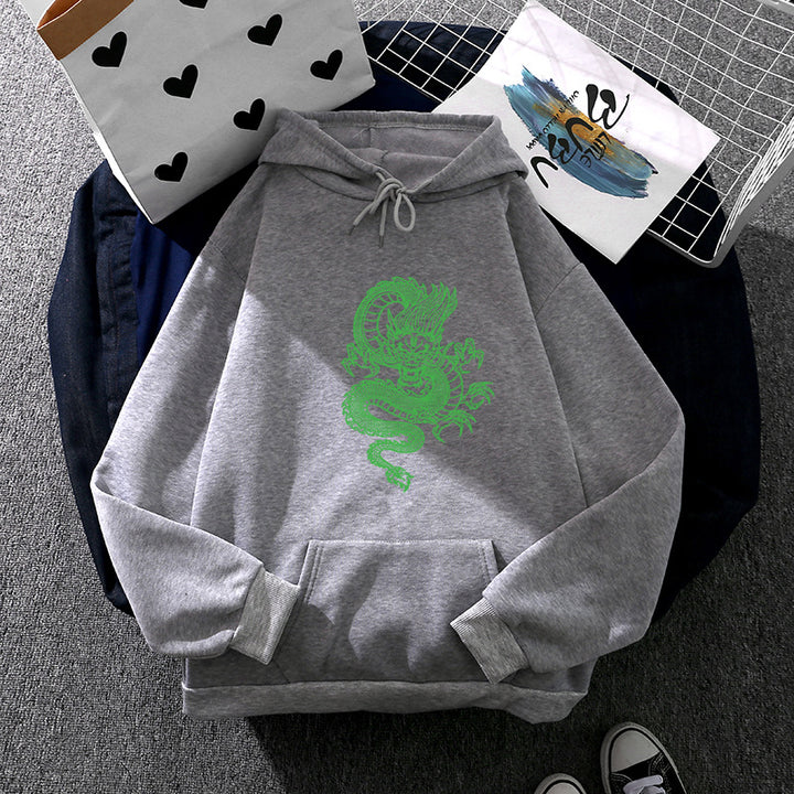 Unisex Kapuzenpullover mit detailreichem Drachenmotiv, Oversize‑Schnitt und Kängurutasche – Auréline