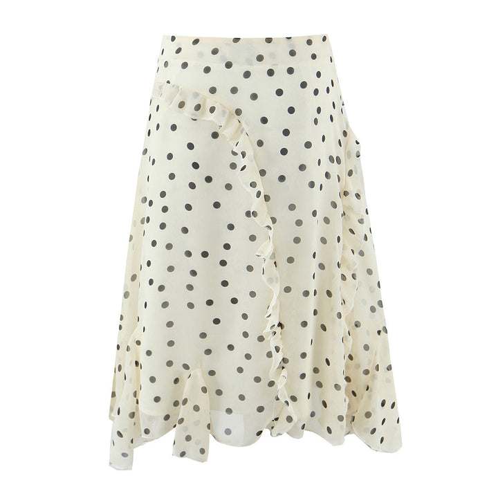 Damen Gepunkteter Chiffon-Volant‑Midirock mit Wickeloptik und asymmetrischem Saum Echoarchiv