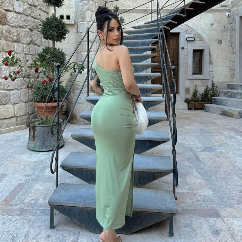 Damen asymmetrisches Maxikleid mit Rüschen und hohem Seitenschlitz Echo Archiv