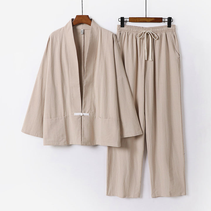 Herren Zen-inspiriertes Kimono-Loungewear-Set aus leichter Baumwollmischung mit offenem Schnitt und Kordelbundhose Echoarchiv
