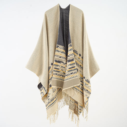 Damen Oversize-Poncho aus Wollmix mit Jacquardbordüre und Fransensaum – Célinea