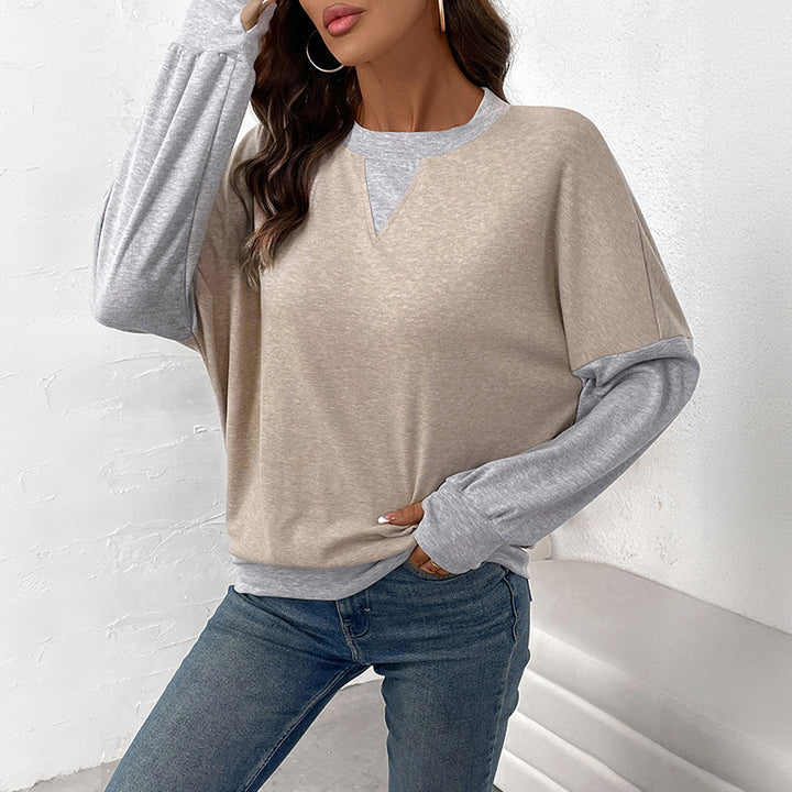 Damen Zweifarbiger Oversize-Langarmpullover mit Kontrastärmeln und V-Naht Echoarchiv