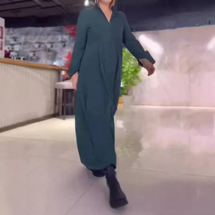 Damen nan fließendes Maxikleid mit V-Ausschnitt, kastiger A-Linie und langen Ärmeln Echo Archiv