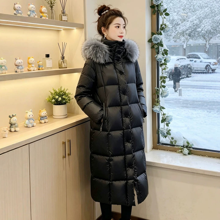 Damen Lange Daunenjacke mit Kunstfellkragen Echoarchiv