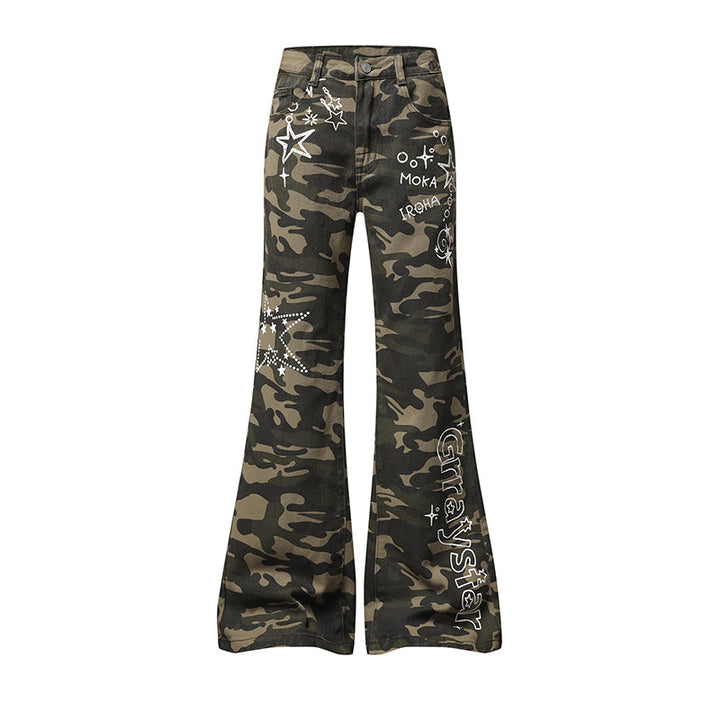 Damen Weite High‑Waist Palazzo‑Jeans im Camouflage‑Print mit Stern‑ und Schriftapplikationen, Schlaghose Echoarchiv