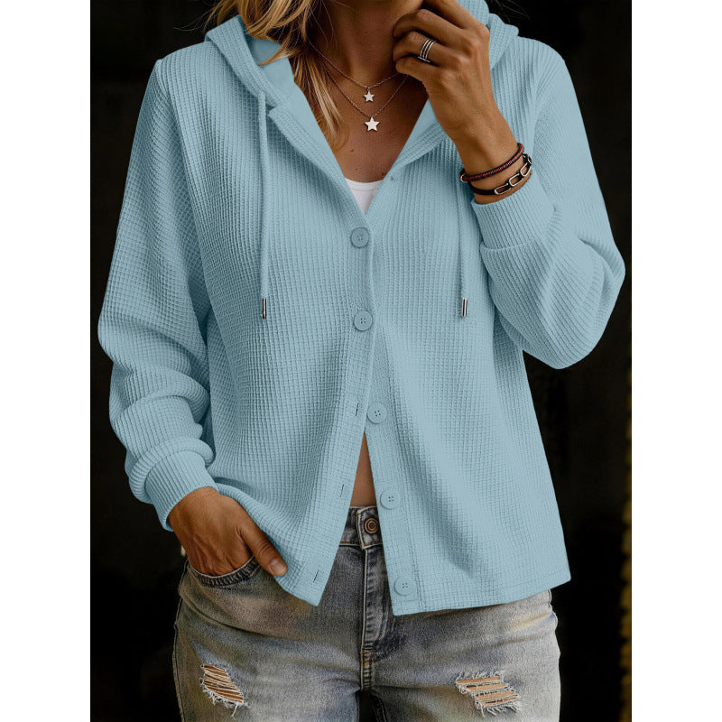 Damen Kapuzenstrickjacke im Waffelstrick mit Knopfleiste Echoarchiv