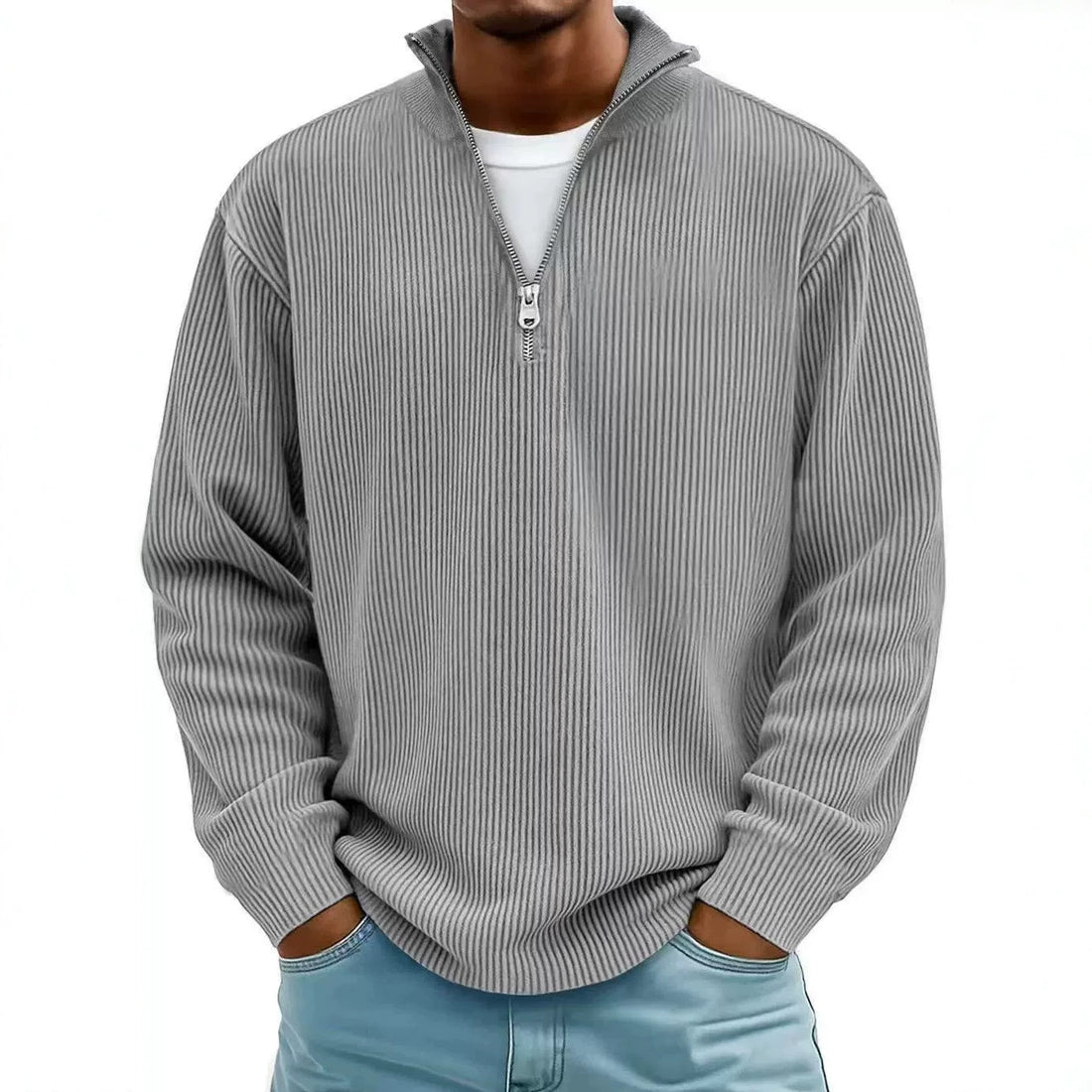 Herren Gerippter Halbzip-Strickpullover mit Stehkragen und lockerer Passform Echoarchiv