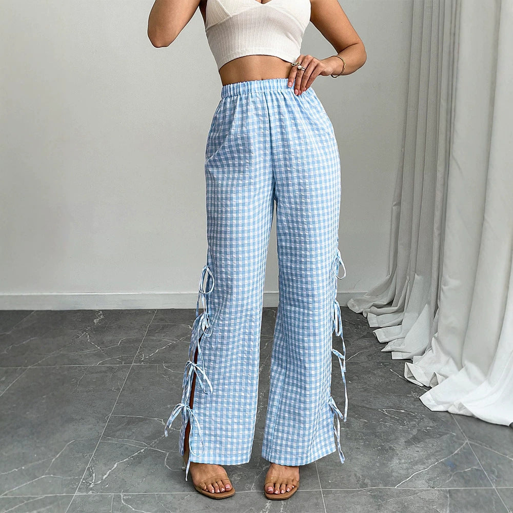 Damen High‑Waist Leinenoptik-Hose mit Gingham-Karo, weitem Bein & seitlichen Bändchen-Details Echoarchiv