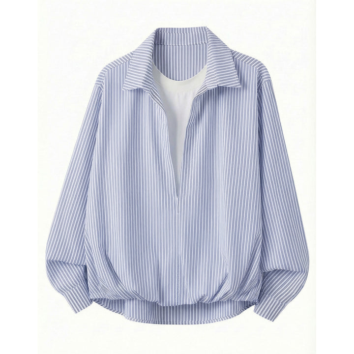 Damen Weites gestreiftes Hemdblusen-Shirt mit tiefem V-Ausschnitt und gerafftem Saum Echo Archiv