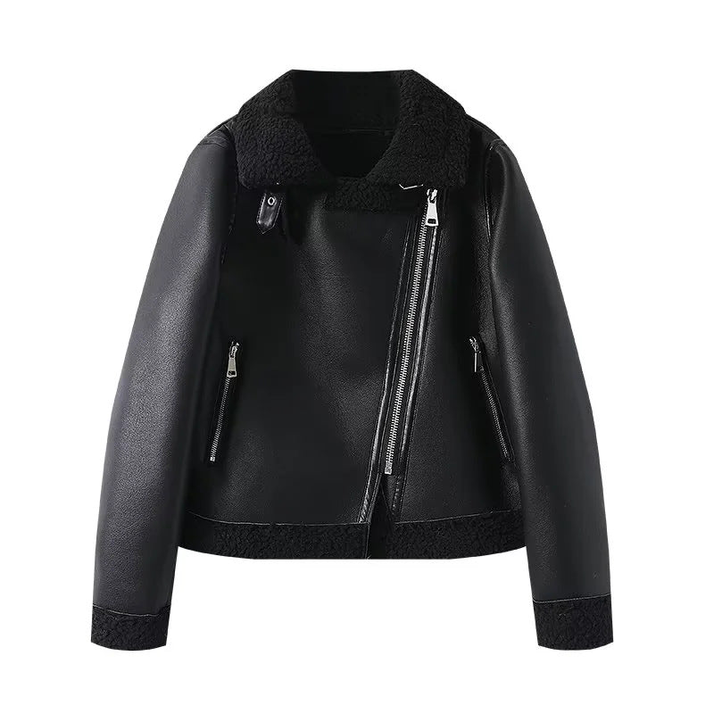 Damen nan taillierte Bikerjacke in Lammfelloptik mit asymmetrischem Reißverschluss Echo Archiv