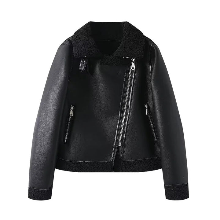 Damen nan taillierte Bikerjacke in Lammfelloptik mit asymmetrischem Reißverschluss Echo Archiv