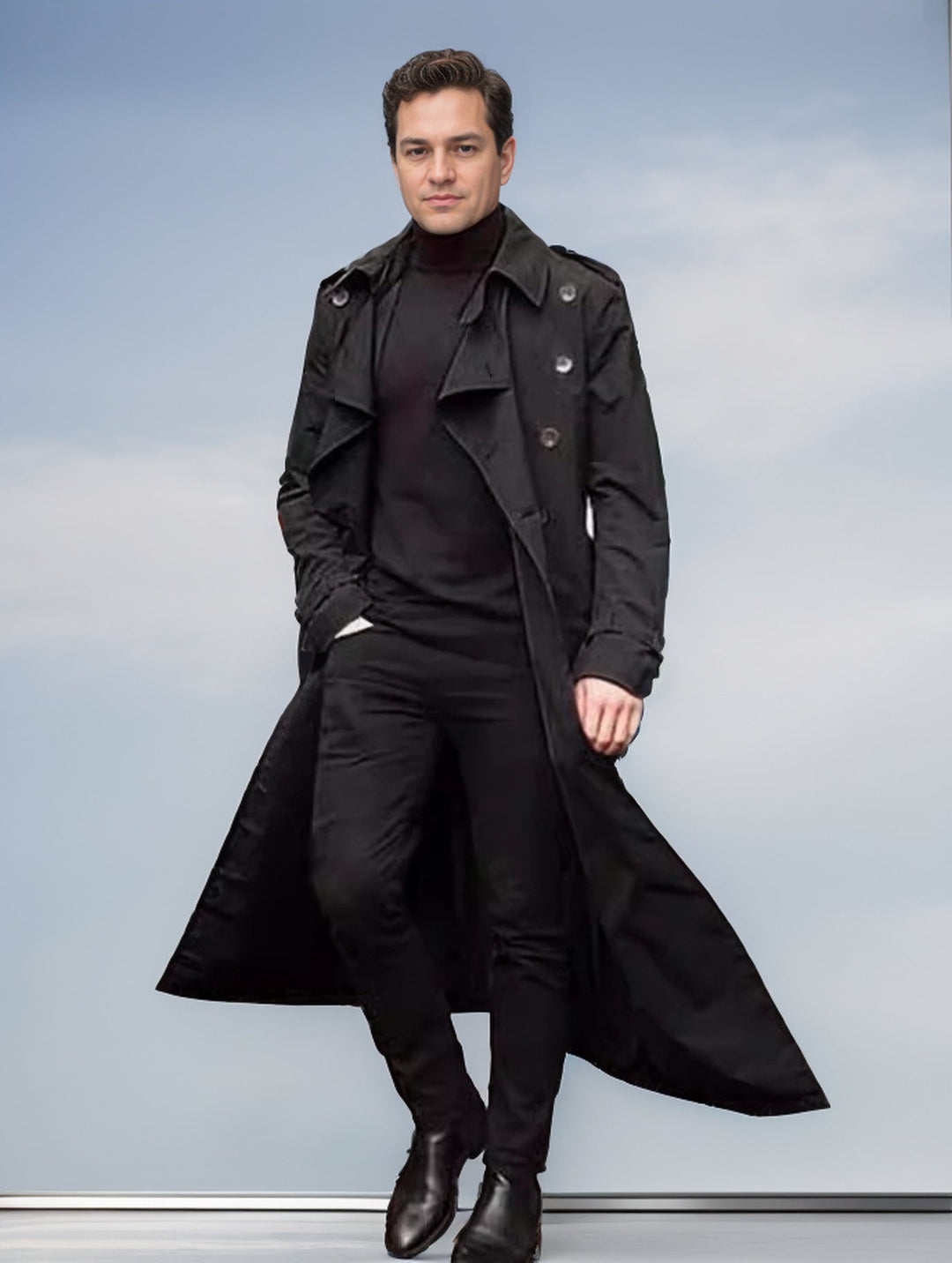 Herren langer Trenchcoat mit modernem Schnitt und praktischen Taschen Echoarchiv