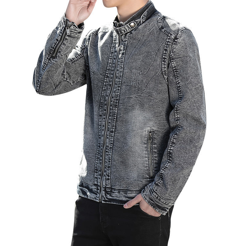 Herren Jeansjacke im Vintage-Washed Slim-Fit mit Stehkragen und Reißverschluss – Denvaro