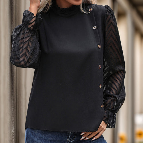 Damen Chiffonbluse mit Stehkragen, transparenten Ballonärmeln und asymmetrischer Knopfleiste – Élovi