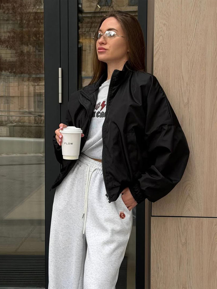 Damen Oversize Cropped Bomberjacke mit Stehkragen und Reißverschluss Echoarchiv