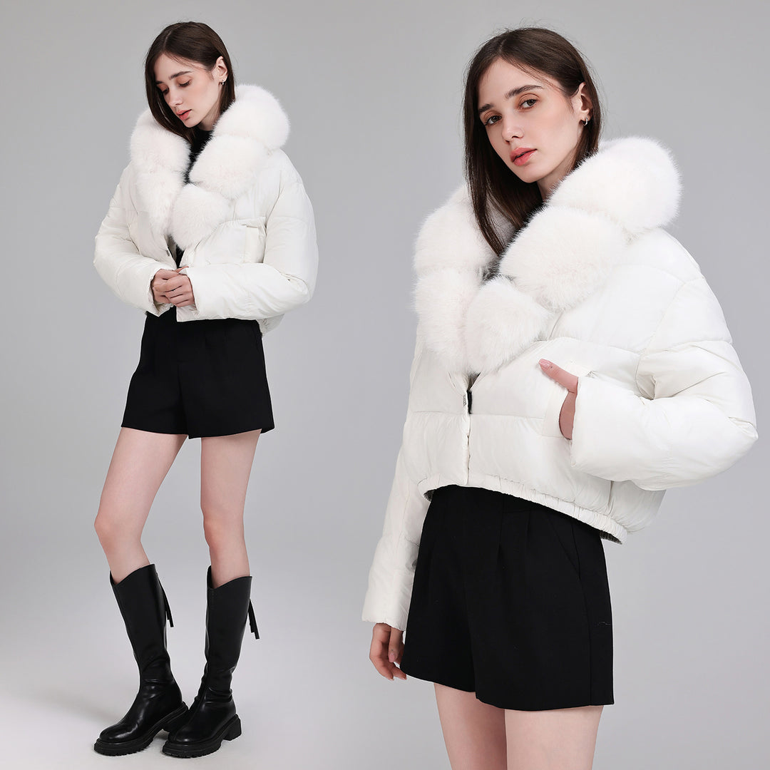 Damen Kurze gesteppte Puffer-Bomberjacke mit extra weitem Kunstfellkragen – Avenza
