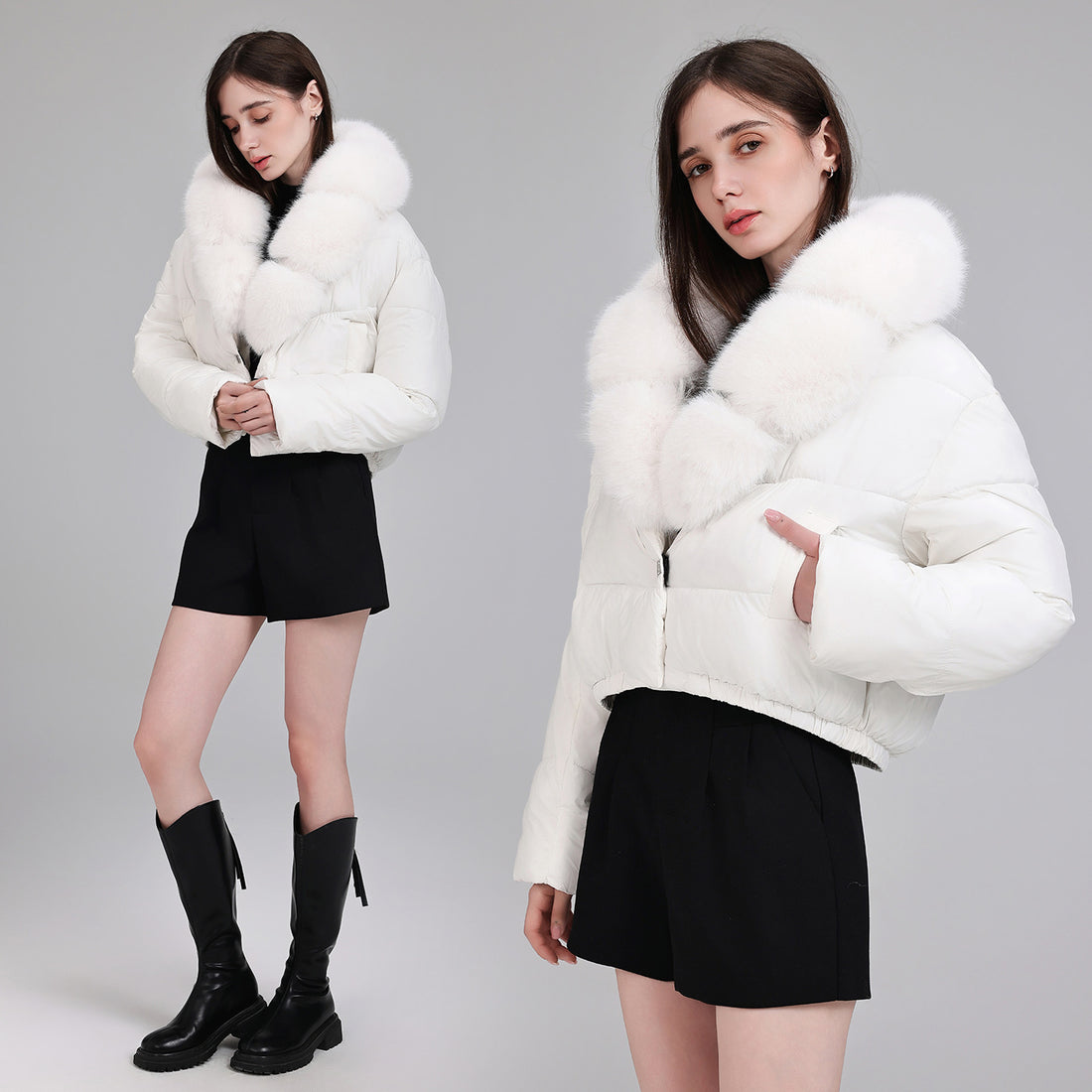Damen Kurze gesteppte Puffer-Bomberjacke mit extra weitem Kunstfellkragen – Avenza
