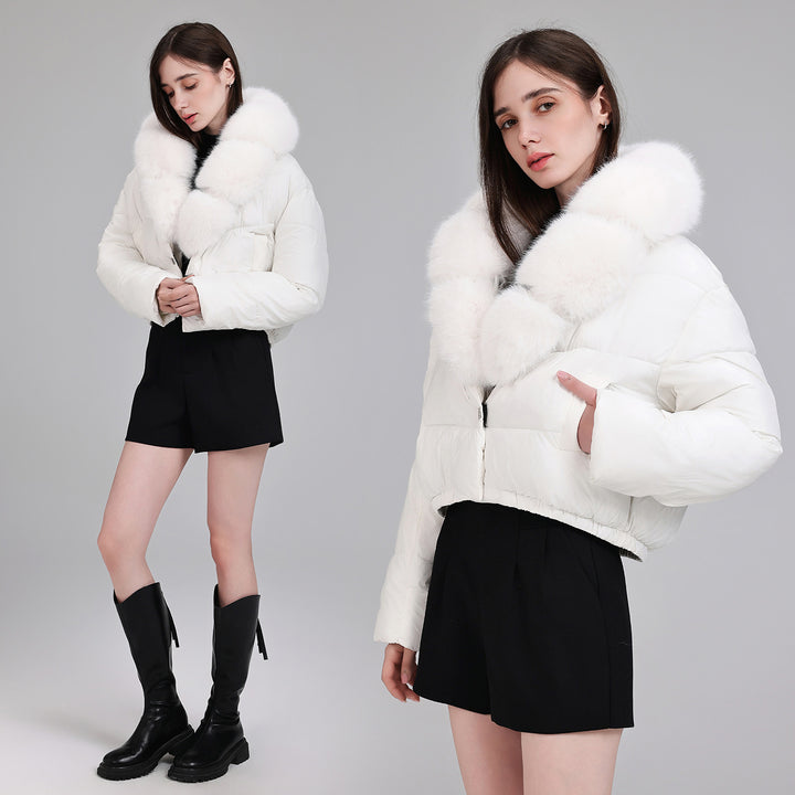 Damen Kurze gesteppte Puffer-Bomberjacke mit extra weitem Kunstfellkragen – Avenza