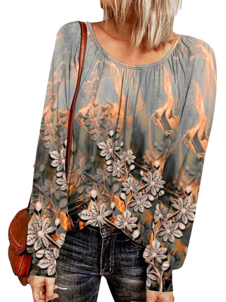 Damen Ethno-Print Oversize-Tunika mit Rundhalsausschnitt und langen Ballonärmeln – Avérine