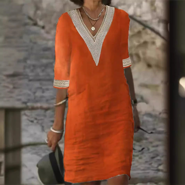 Damen Leinenlook Midi Kleid mit gehäkeltem V-Ausschnitt und 3/4 Ärmeln Echoarchiv