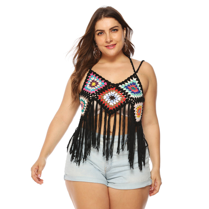 Damen gehäkeltes Crop-Top mit buntem Fransen-Design Echo Archiv