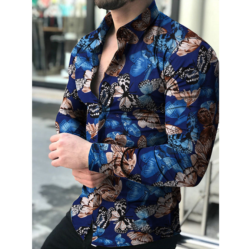 Herren Langarmhemd mit floralem Schmetterlingsdesign Echoarchiv