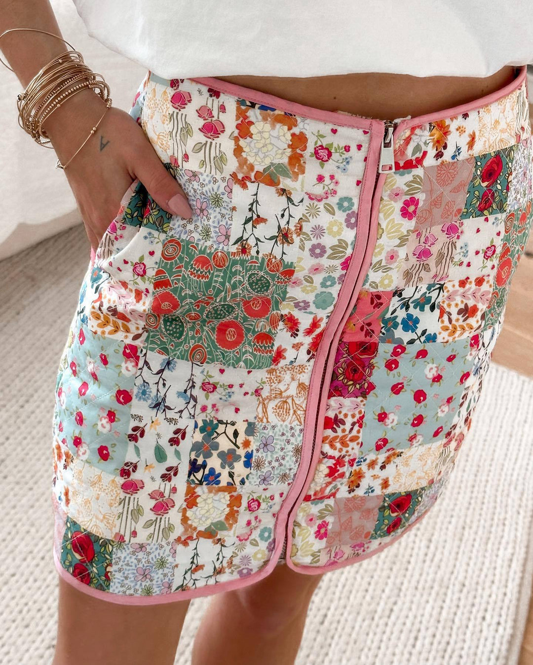 Damen Patchwork Rock mit Reißverschluss und seitlichen Taschen Echo Archiv