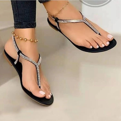 Damen Flache Zehentrenner‑Sandalen mit T‑Riemen und Strassbesatz – Sorelia