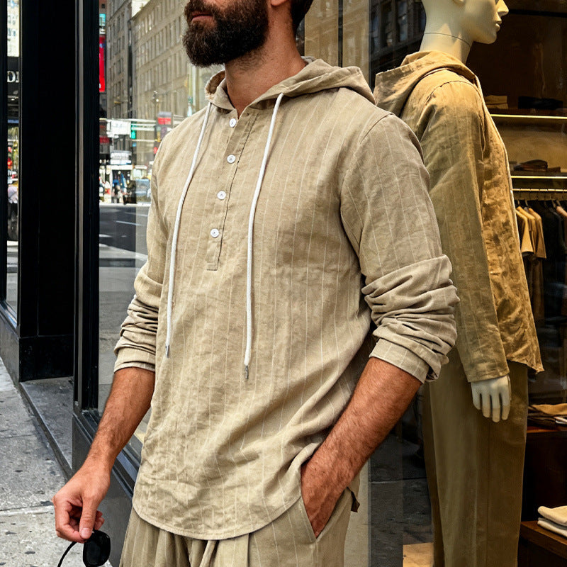 Herren nan Kapuzenshirt aus Leinenmix mit halber Knopfleiste und Nadelstreifen Echo Archiv