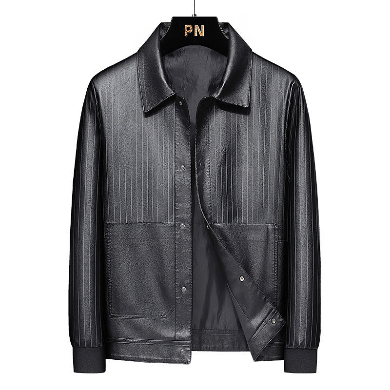Herren Pinstripe Kunstleder-Truckerjacke mit Druckknopffront und gerippten Bündchen Echoarchiv