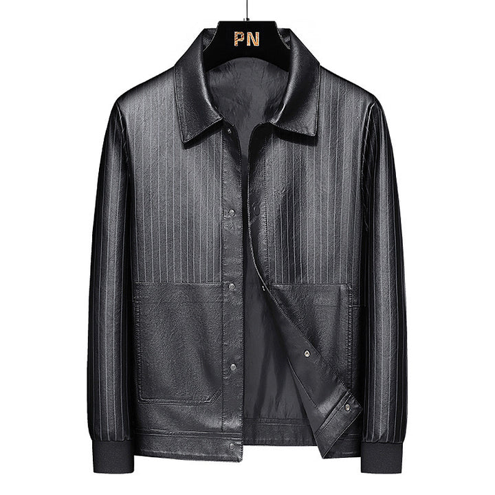 Herren Pinstripe Kunstleder-Truckerjacke mit Druckknopffront und gerippten Bündchen Echoarchiv