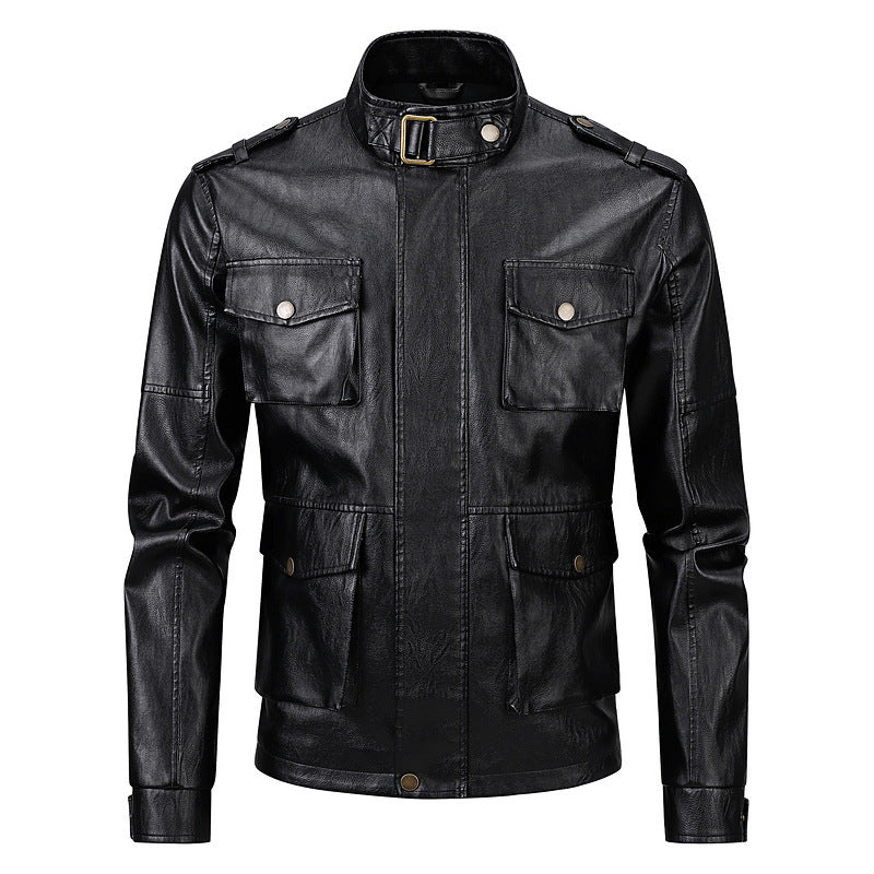 Herren Militärjacke aus Kunstleder mit praktischen Taschen und hohem Kragen Echoarchiv