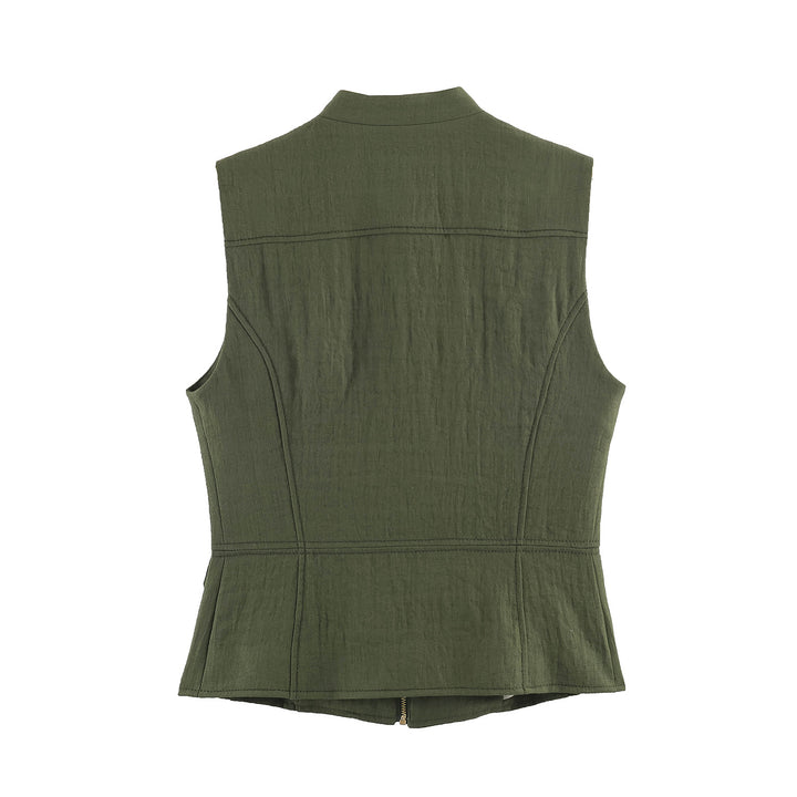 Damen taillierte Military-Weste mit Stehkragen, goldenen Zierknöpfen, Reißverschluss und aufgesetzten Klappentaschen – Célinea