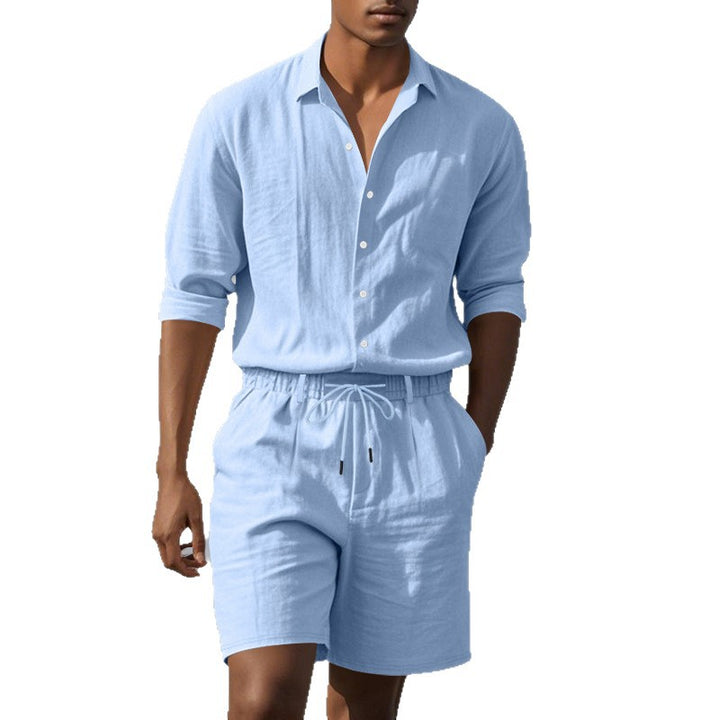 Herren lässiges Leinenhemd mit modischem Henley-Kragen und praktischen Brusttaschen Echoarchiv