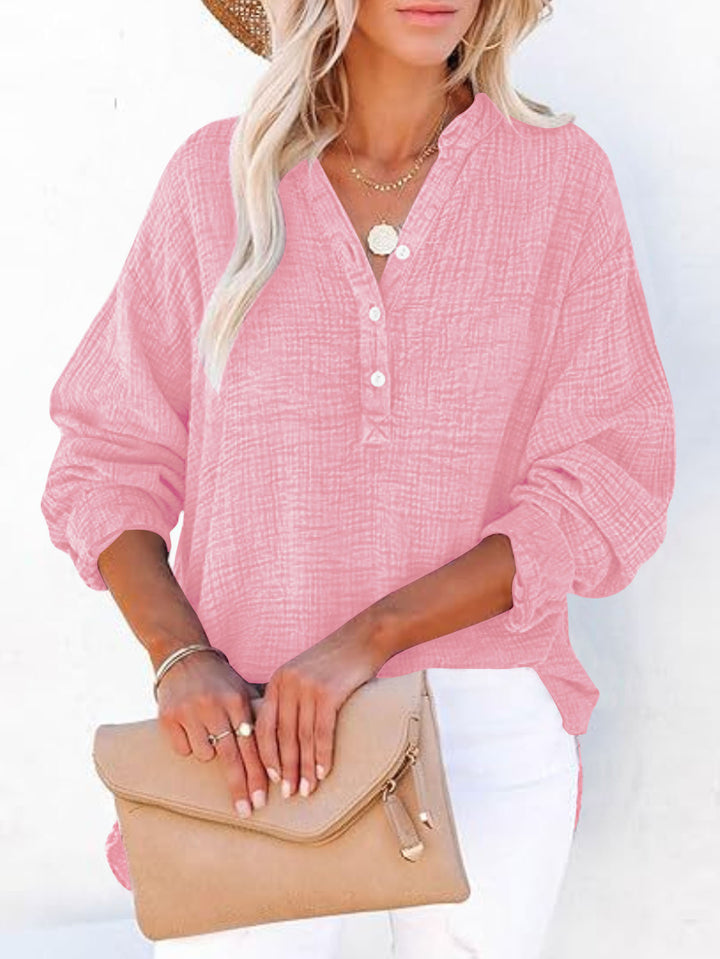 Damen Oversize Texturierte Baumwollbluse mit Henley-Knopfleiste Echoarchiv