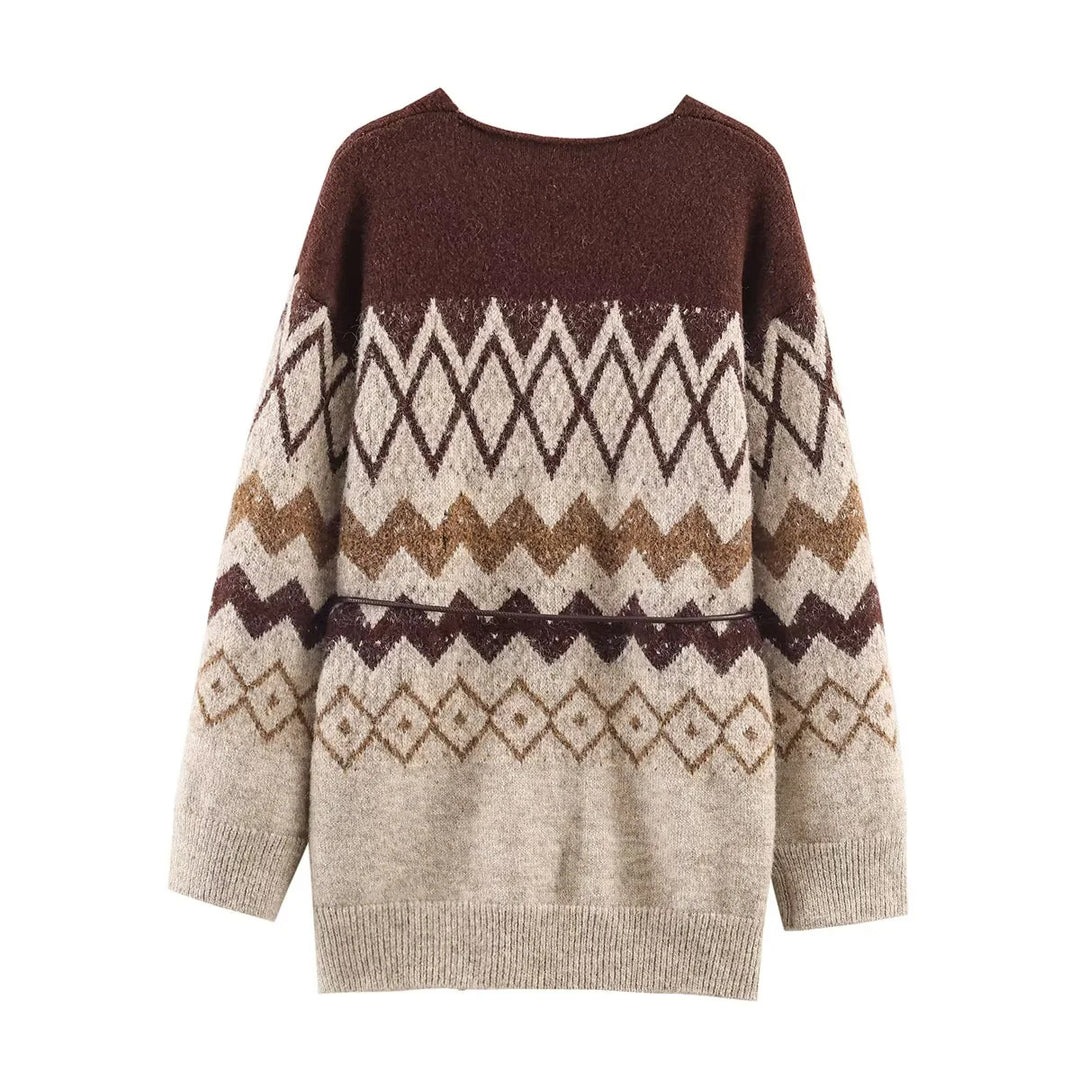 Damen Oversize Strickcardigan mit Norweger‑Muster, V‑Ausschnitt, Knopfleiste und Taillenbindegürtel – Veloura