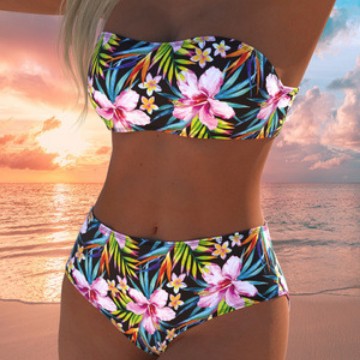 Damen Bandeau-Bikini-Set mit hochgeschnittenem Höschen und tropischem Blütenmuster Echo Archiv
