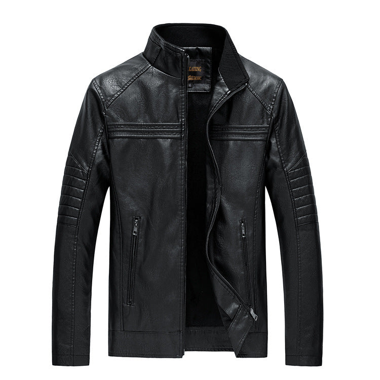 Herren Slim-Fit Kunstleder-Motojacke mit Stehkragen und gesteppter Ärmelpasse Echoarchiv