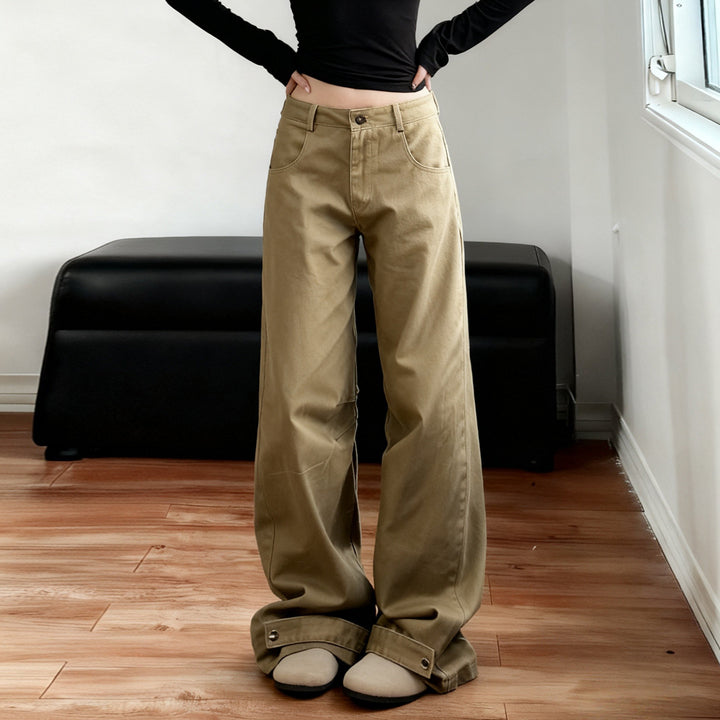 Damen Weite High‑Waist Schlaghose mit verstellbaren Knopfmanschetten und Knieabnähern – Avélisse