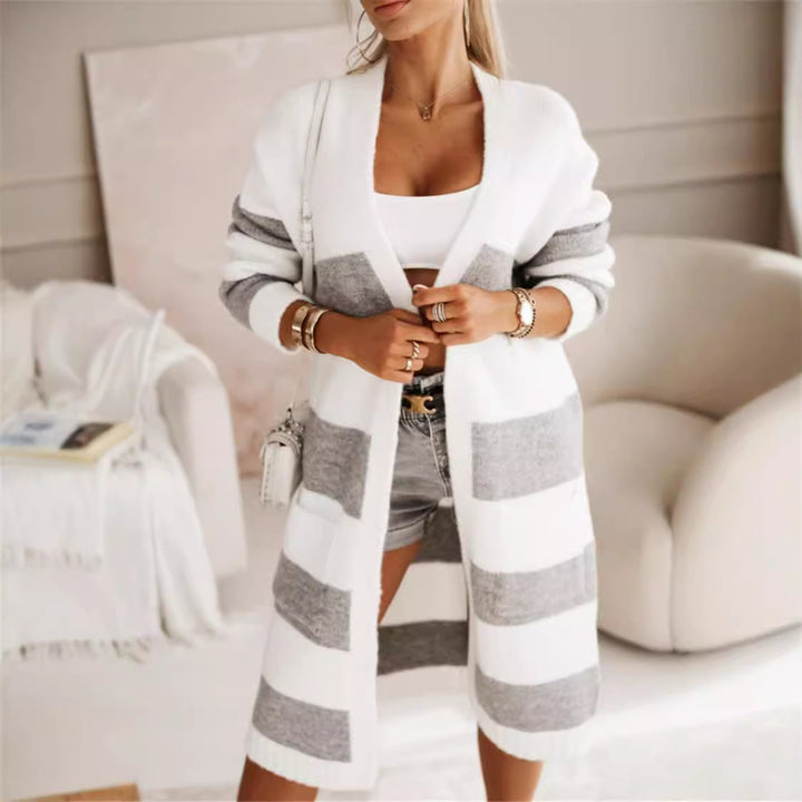 Damen lässiger Strickmantel mit großen Streifen – Veloura