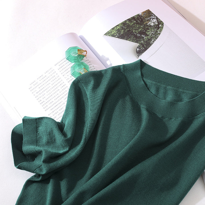 Damen Leichtes Kurzarm-Stricktop aus feinem Jersey mit Rundhals und Saumblende Echo Archiv