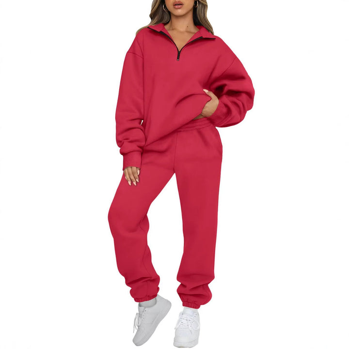 Damen nan Halbzip-Loungewear-Set mit übergroßem Kragenpullover und taillierter Jogginghose mit elastischem Bund Echo Archiv