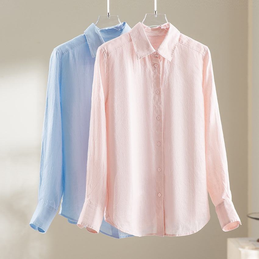 Damen Locker fallende Leinenmix-Bluse mit Hemdkragen und Manschetten Echoarchiv